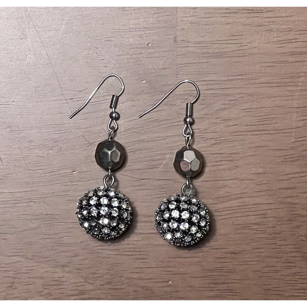 Silvertone Rhinestone Ball Bead Pierced Earrings (F34)